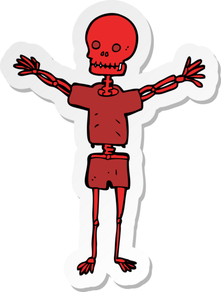 Bir insan tarafından çizilmiş kıyafetlerle çizilmiş karikatür iskeletinin çıkartması.