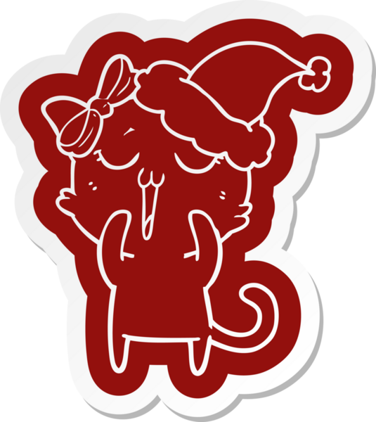 Bir insan tarafından çizilmiş Noel Baba şapkası takan bir kedinin garip karikatür çıkartması.