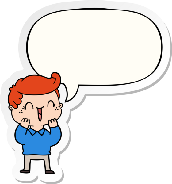 Bir insan tarafından çizilmiş konuşma balonu çıkartmalı gülen çocuk.