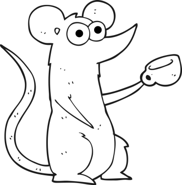 Bir insan tarafından çizilmiş kahve fincanı ile siyah beyaz bir çizgi roman faresi.