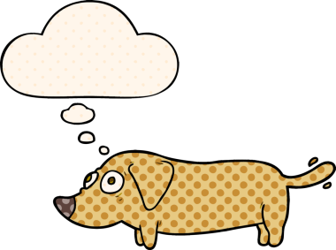 Çizgi roman tarzında bir insan tarafından çizilmiş düşünce balonu olan çizgi film köpeği.