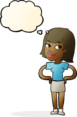 Bir insan tarafından çizilmiş düşünce balonlu ellerle mutlu bir kadın.