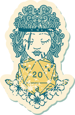 Bir insan tarafından çizilmiş doğal yirmi zarlı insan barbarının grunge sticker 'ı.