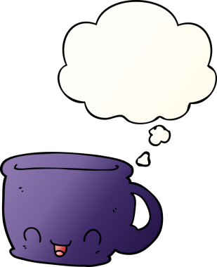 Bir insan tarafından çizilmiş yumuşak eğimli düşünce baloncuklu kahve fincanı.