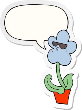 Bir insan tarafından çizilmiş konuşma kabarcığı etiketli havalı bir karikatür çiçeği.