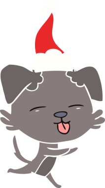 Bir insan tarafından çizilmiş Noel Baba şapkası takan bir köpeğin el çizimi düz renk çizimi.