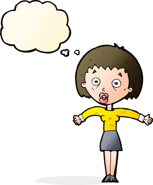 Bir insan tarafından çizilmiş düşünce baloncuğuyla omuz silken çizgi film kadını.