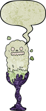 Bir insan tarafından çizilmiş eski tarz konuşma baloncuğu olan tuhaf bir cadılar bayramı iksiri fincanı.