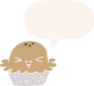 Bir insan tarafından çizilmiş, konuşma baloncuklu şirin bir çizgi film pastası.