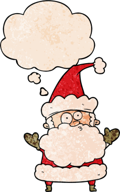 Bir insan tarafından çizilmiş grunge desenli düşünce baloncuğu ile kafası karışmış Noel Baba çizgi filmi.