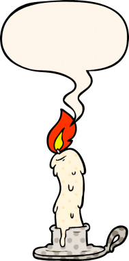 Bir insan tarafından çizilmiş çizgi roman tarzında konuşma baloncuğu olan ürkünç eski bir mum.