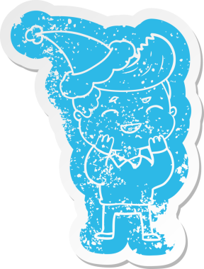 Garip bir karikatür. Bir insanın çizdiği Noel Baba şapkasıyla gülen bir adamın çıkartması.