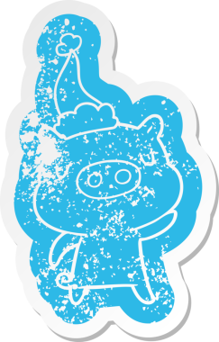 Bir insan tarafından çizilmiş Noel Baba şapkası takan içerikli bir domuzun garip bir karikatürü.