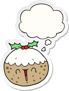 Düşünce baloncuklu tatlı noel pudingi bir insan tarafından çizilmiş bir çıkartma.