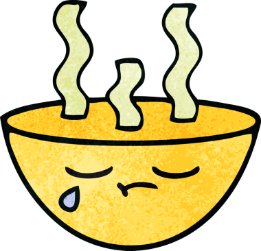 Bir insan tarafından çizilmiş sıcak çorba kasesinin retro grunge desenli karikatürü.