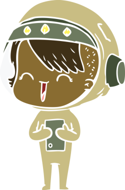 Bir insan tarafından çizilmiş mutlu düz renkli çizgi film kızı.