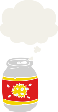 Düşünce baloncuğu olan karikatür soda kutusu insan tarafından çizilmiş.