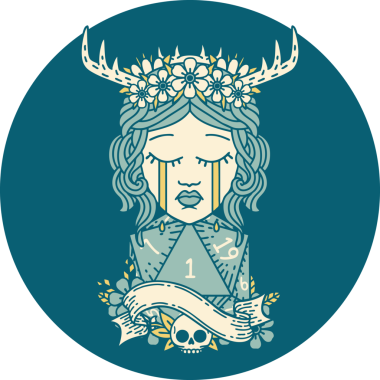 Retro Dövme Tarzı Ağlayan İnsan Druid Bir insan tarafından çizilmiş doğal bir D20 ruloyla