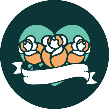 İkonik dövme stili bir kalp ve bir insan tarafından çizilmiş çiçekli pankart.