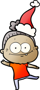 Bir insan tarafından çizilmiş Noel Baba şapkası giyen mutlu yaşlı bir kadının el çizimi karikatürü.