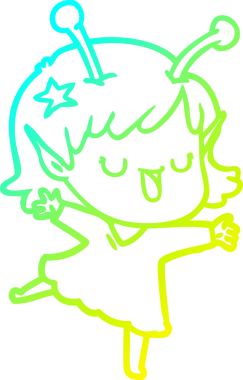 Bir insan tarafından çizilmiş mutlu bir uzaylı kız çizgi filmi.