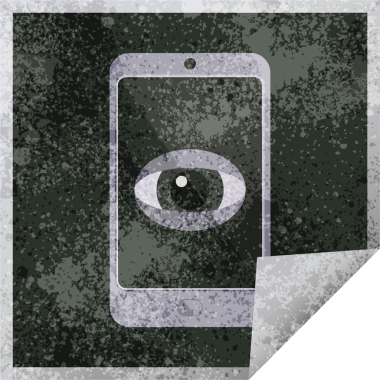 Cep telefonu, bir insan tarafından çizilmiş grafik vektör illüstrasyon kare etiketini izliyor.