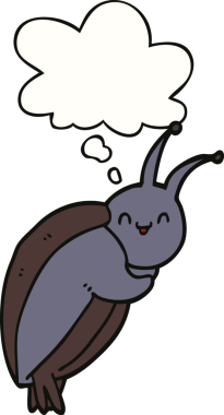 Bir insan tarafından çizilmiş düşünce baloncuklu sevimli çizgi film böceği.