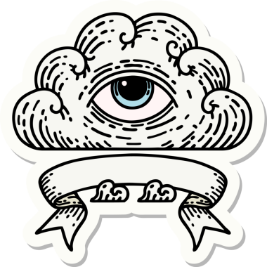 Bir insan tarafından çizilmiş her şeyi gören bir göz bulutu dövmesi stili çıkartması