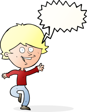 Bir insan tarafından çizilmiş konuşma balonu olan mutlu, el sallayan bir çocuk.