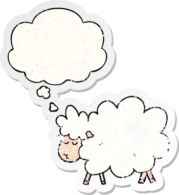 Düşünce baloncuğu olan çizgi film koyunları insan tarafından çizilmiş yıpranmış bir çıkartma gibi.