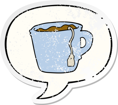 Bir insan tarafından çizilmiş, sıkıntılı, eski püskü çıkartmalı bir fincan sıcak çay.