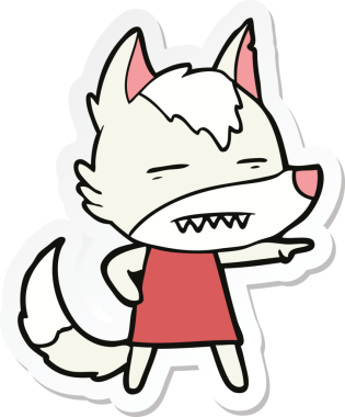 Bir insan tarafından çizilmiş dişleri gösteren bir kurt çizgi film etiketi.