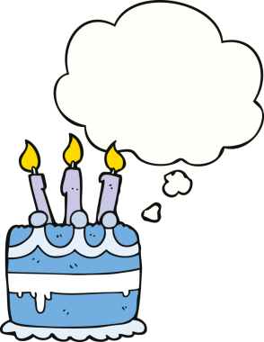 Bir insan tarafından çizilmiş düşünce balonlu doğum günü pastası.