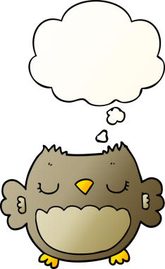 Bir insan tarafından çizilmiş yumuşak eğimli düşünce baloncuğu olan sevimli çizgi film baykuşu