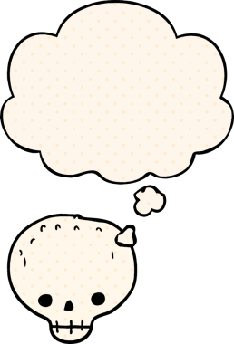 Çizgi roman tarzında bir insan tarafından çizilmiş düşünce baloncuklu bir kafatası.