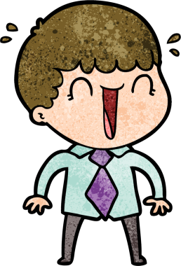 Bir insan tarafından çizilmiş tişörtlü ve kravatlı gülen adam.