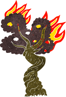 Bir insan tarafından çizilmiş eski bir ağacı yakan çizgi film