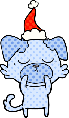 Bir insan tarafından çizilmiş Noel Baba şapkası takan bir köpeğin çizdiği çizgi roman çizimi.