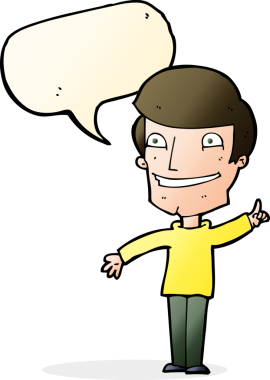 Bir insan tarafından çizilmiş konuşma balonuyla sırıtan bir karikatür adamı.