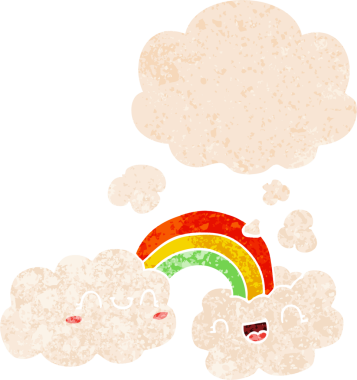 Mutlu karikatür bulutları ve gökkuşağı. Düşünce baloncukları grunge 'da. Sıkıntılı retro desenli bir insan çizimi.