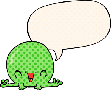 Çizgi roman tarzında konuşma balonu olan bir kurbağa insan tarafından çizilmiş.