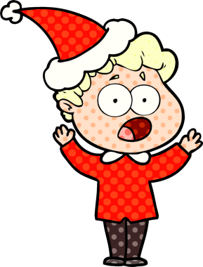 Bir insan tarafından çizilmiş Noel Baba şapkasıyla şaşırmış bir adamın el çizimi çizgi roman tasviri.