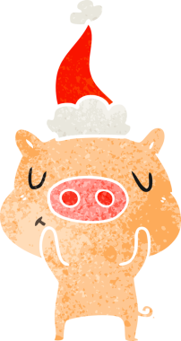 Bir insan tarafından çizilmiş Noel Baba şapkası takan bir domuzun el çizimi karikatürü.