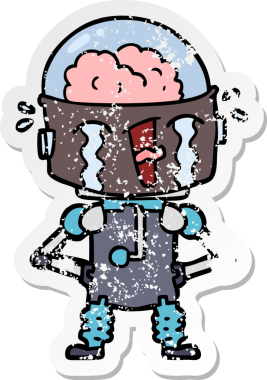 Bir insan tarafından çizilmiş, karikatür ağlayan robot çıkartması.