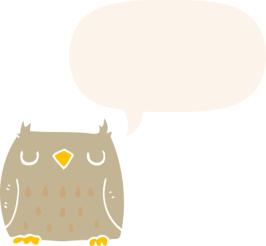 Bir insan tarafından çizilmiş konuşma baloncuğu olan sevimli çizgi film baykuşu.