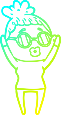 Bir insan tarafından çizilmiş güneş gözlüğü takan çizgi film kadını çizimi.