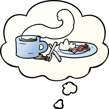 Düşünce baloncuklu karikatür kahvaltısı bir insan tarafından çizilmiş.