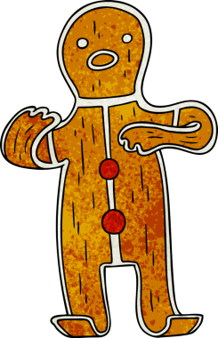 Bir insan tarafından çizilmiş zencefilli kurabiye adamın el çizimi karikatürü.