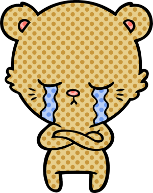 Bir insan tarafından çizilmiş kollarıyla ağlayan çizgi film ayısı.