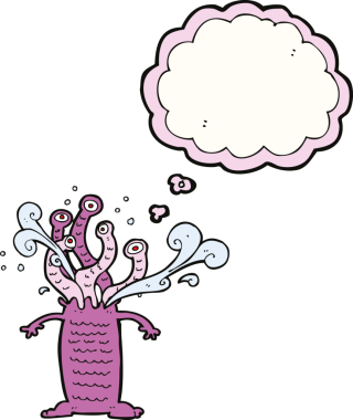 Bir insan tarafından çizilmiş düşünce baloncuklu çizgi film canavarı.